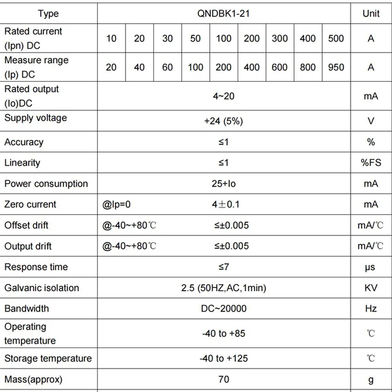 Датчик тока Холла QNDBK1-21 AC 30A 50A 100A 200A 300A 400a/4~20mA +24V DC передатчик тока датчик тока с эффектом Холла