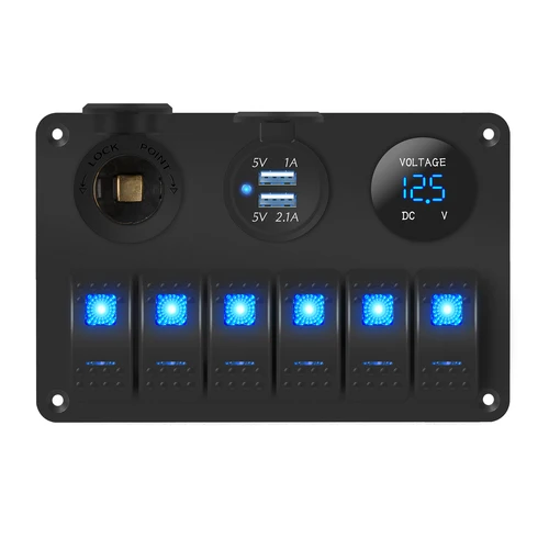 Panel de interruptor basculante marino de 6 bandas impermeable de 12 voltios, Panel de interruptor de palanca de barco 12V LED azul iluminado para barco coche RV UTV con USB