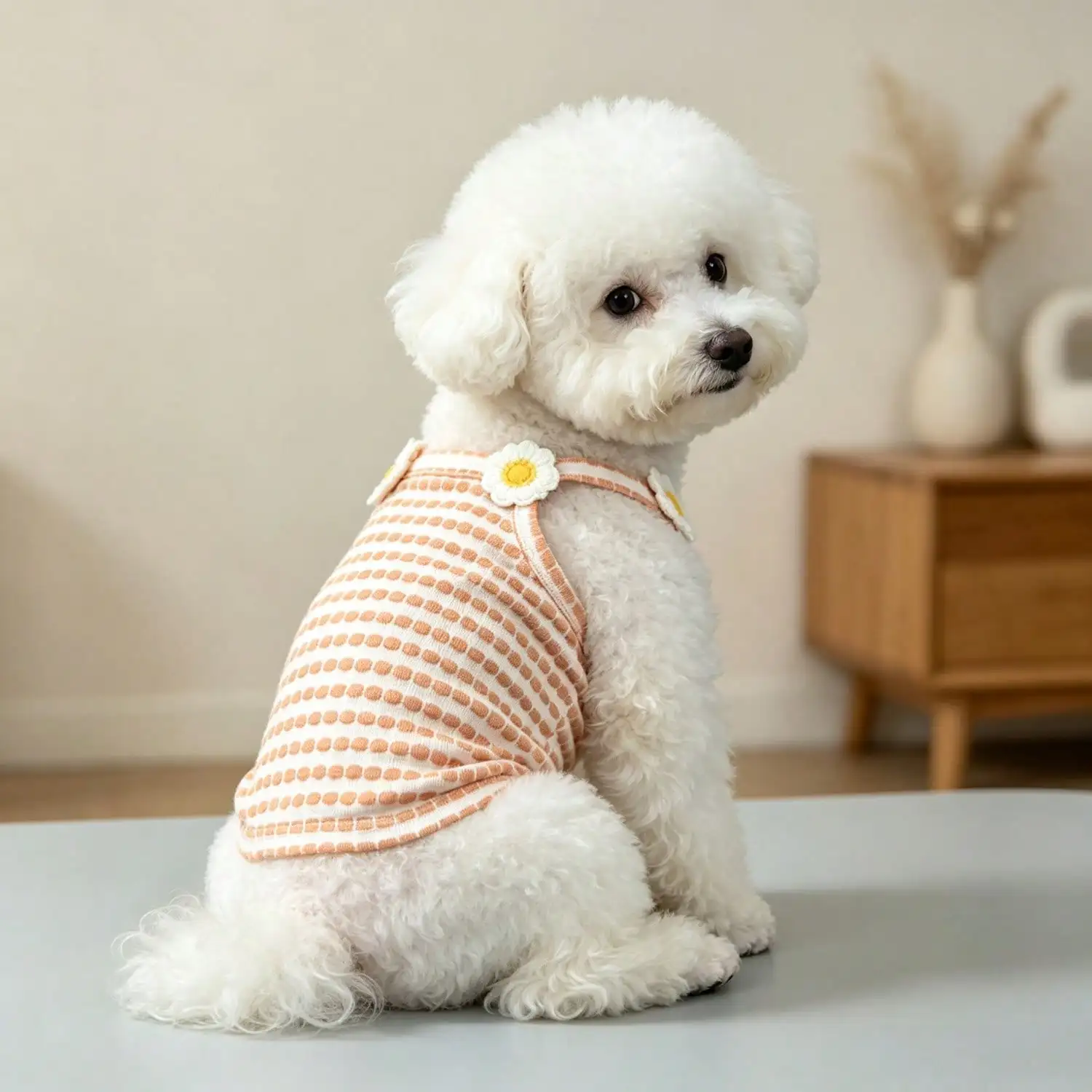 1 Stück gestreiftes Strick-Hundetanktop mit 3D-Frucht-Blumen-Ornament, atmungsaktive Welpenweste für kleine Hunde – Detail 8