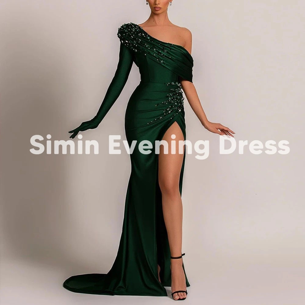 

Simin женские вечерние платья русалки с разрезом на одно плечо и складками из бисера с перчатками длиной до пола, вечерние элегантные платья 2025