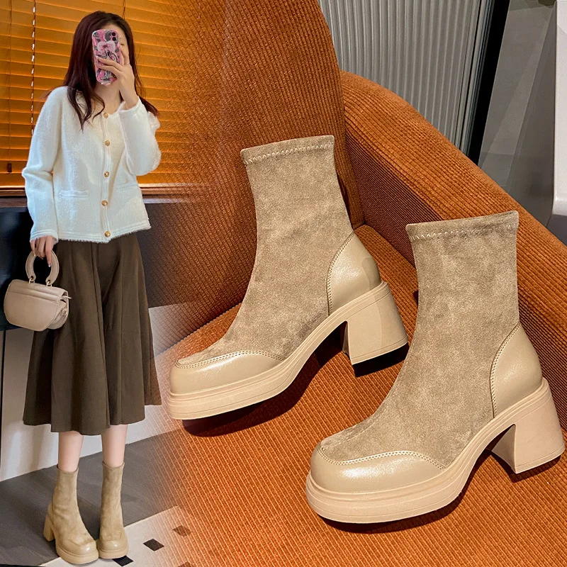 Women High Heels Shoes Sexy Platform Chelsea Boots Brand Winter 2023 New Zipper Chunky Ankle Boots Pumps Goth Motorcycle Botas