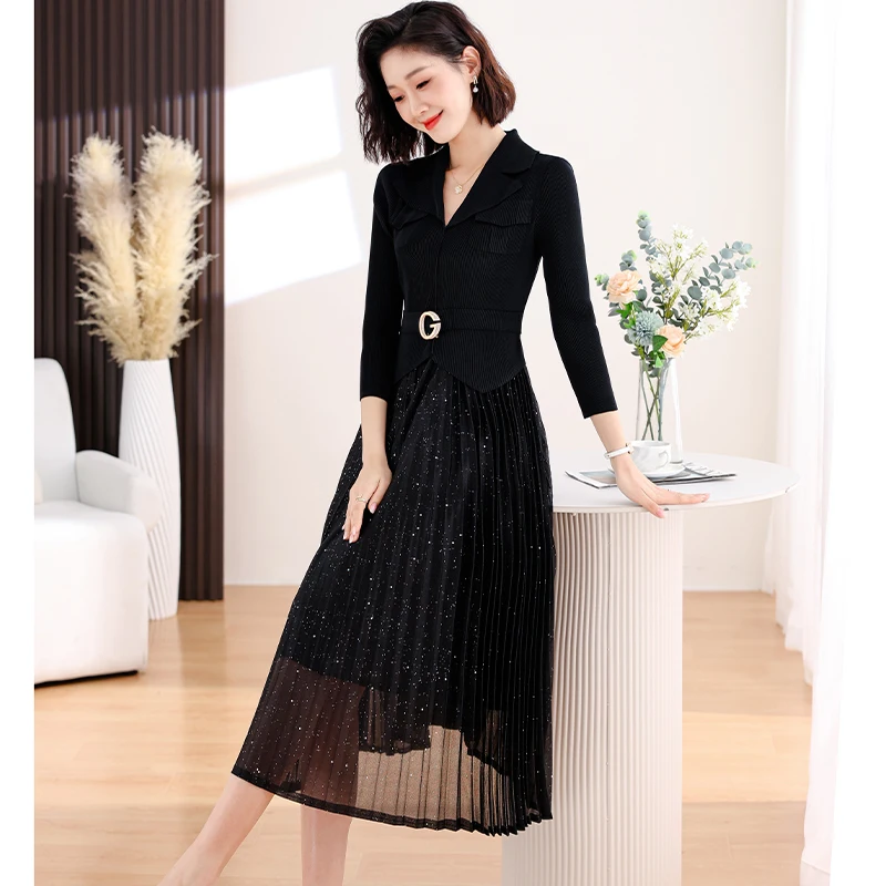 2024 Spring New Pleated Dress Women\'s Suit Collar Long Sleeve Mesh Splice Elastic Waist Fake Two Knee Length Dresses