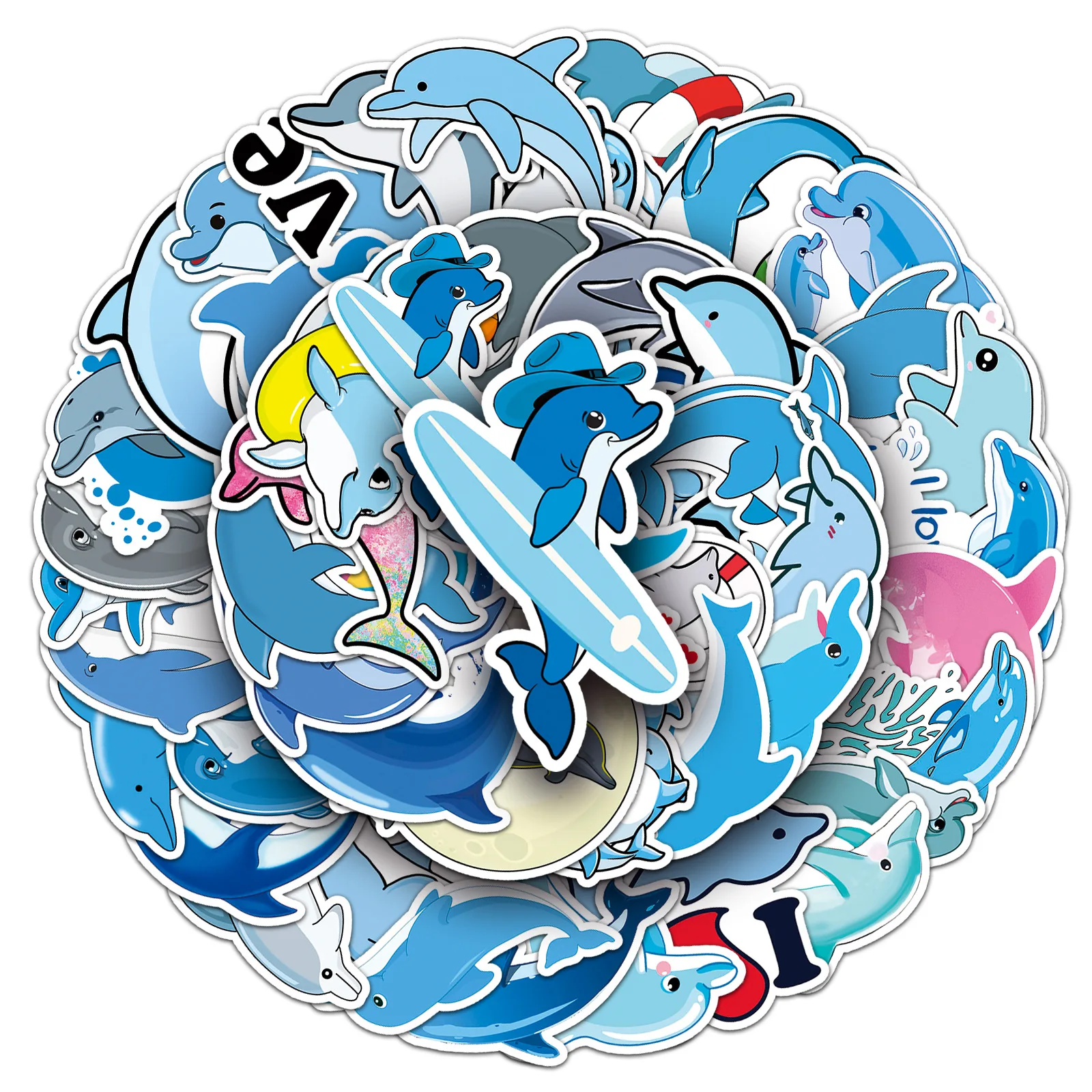 

50PCS Dolphin Stickers Cute Animal Cartoon Style Blue Decorative Luggage Water Cup iPad Phone Case Waterproof Sticker Kids Toy