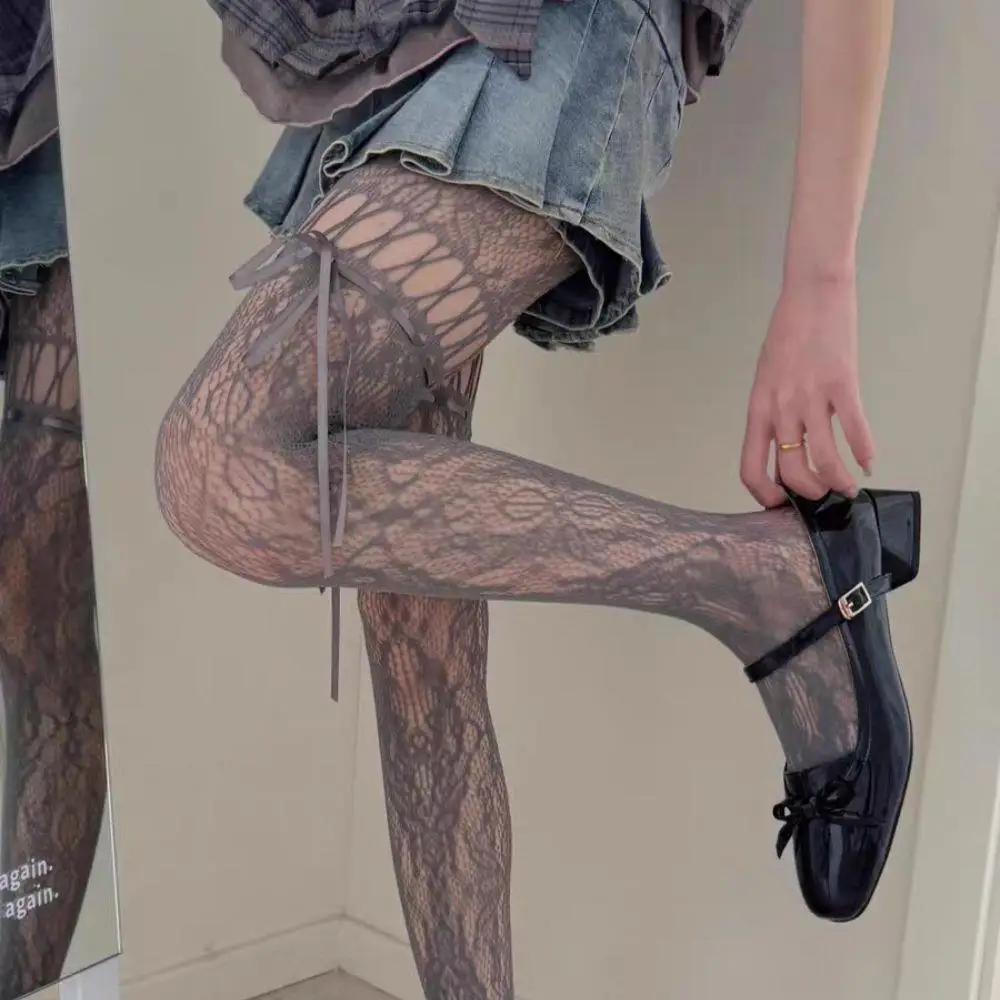 

Женские кружевные ажурные чулки в стиле Лолиты, сексуальные сетчатые длинные чулки в стиле ретро, кружевные колготки с цветочным принтом, JK, униформа, колготки, прозрачные леггинсы