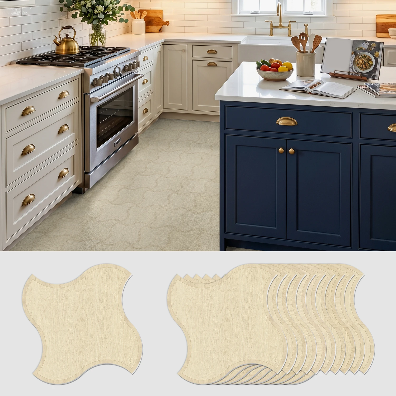 Light Beige Wood Wave Shape Peel and Stick Floor Tiles 10-50Pcs 11.81inch Thickened Vinyl Decals for Bathroo