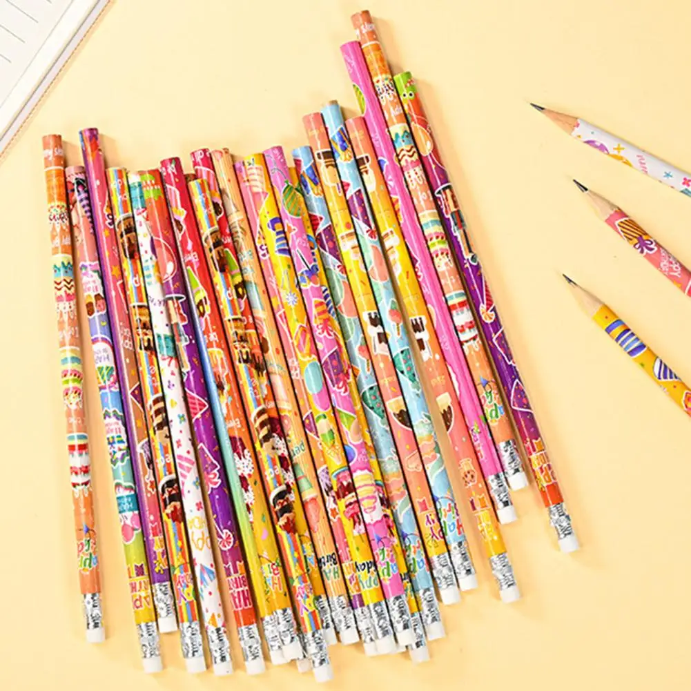 Teacher Pencils Cute Cartoon Pattern Pencils Fun Festive Birthday Pencils 24 Wooden Pencils with Top Erasers for Kids' Birthday