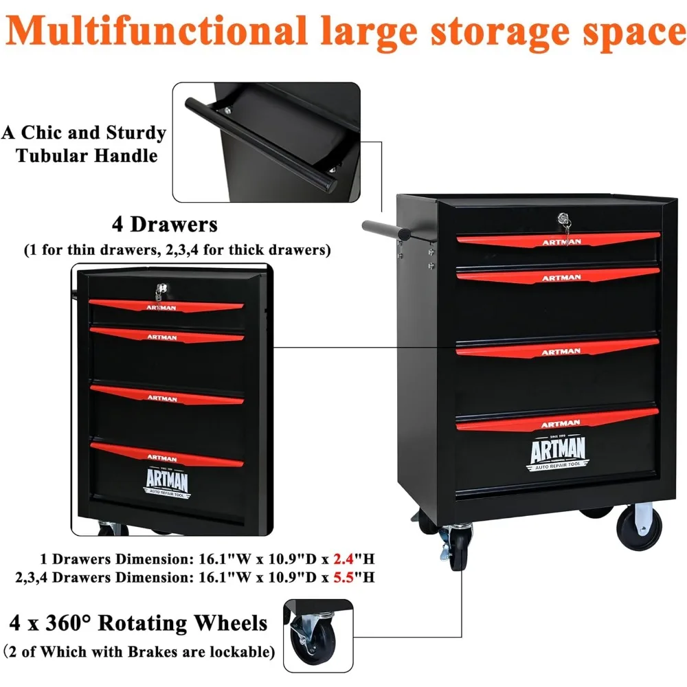 صندوق تخزين أدوات دوارة متعدد الوظائف مع 4 أدراج، منظم عربة شديد التحمل لورشة العمل وكفاءة المستودعات #3