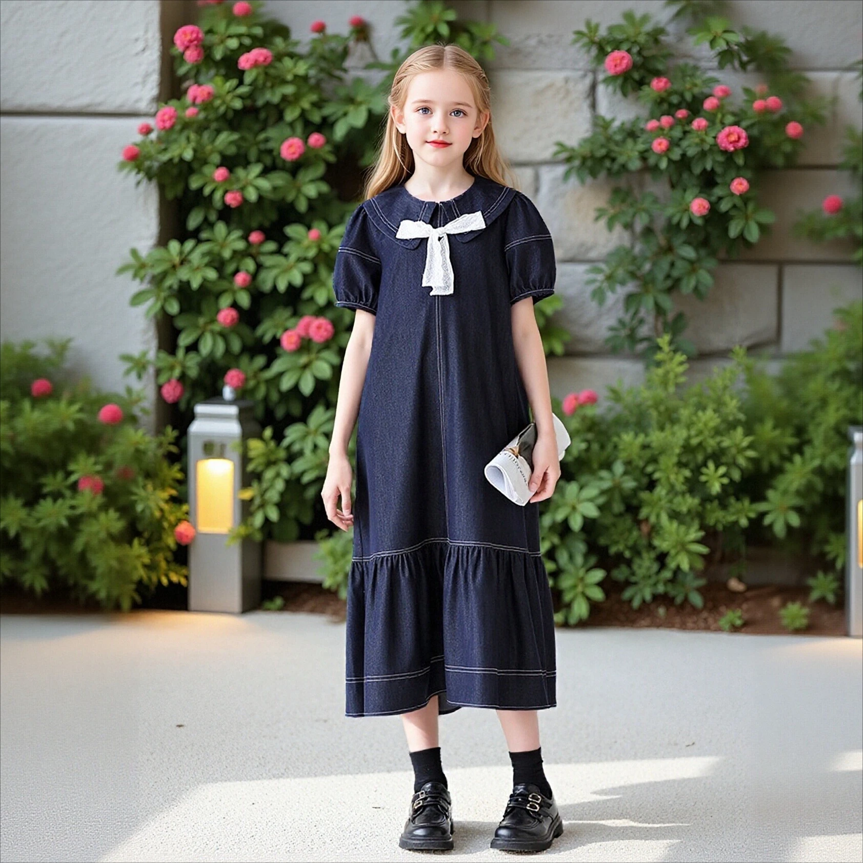 

Girls Daily Outfit Dark Denim Peter Pan Collar Dress Puff Sleeve Tiered Dress with White Bow Tie Kids Preppy Style Casual Wear