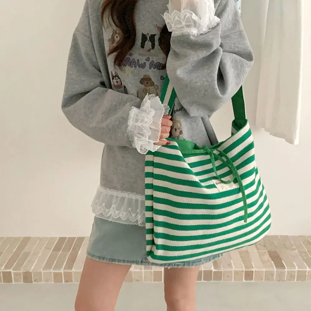 

Casual Commute Stripe Handbag Letter Strap Canvas Shoulder Bag Large Capacity Double-sided Tote Bag Travel