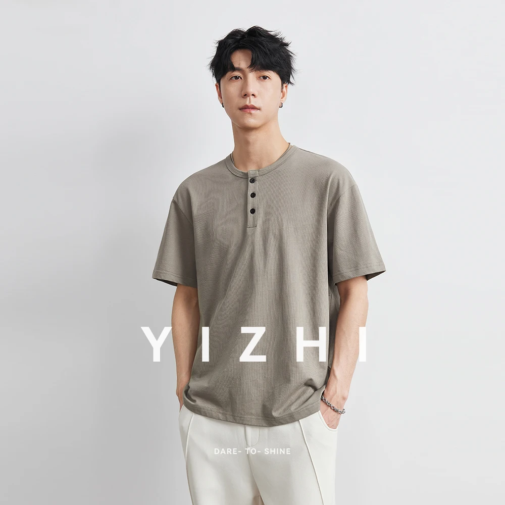 

Men's Personalized Henry Collar Short Sleeve T-shirt Summer New Loose Casual Outdoor Sports Round Neck Button Half Sleeve Top