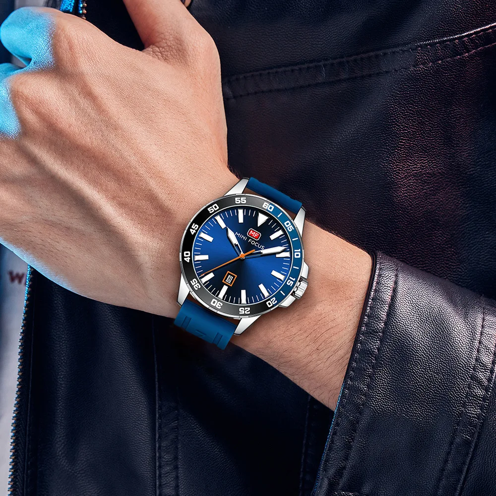 MINI FOCUS 0020 Men\'s Quartz Watch Casual Fashion Calendar Luminous Luxury Blue Silicone Strap Wristwatch for Male Clock