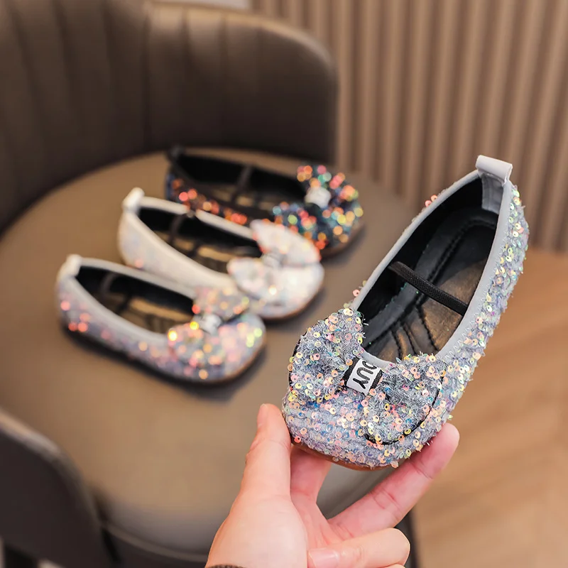 Baby Girls Princess Sequin Bow Cute and Comfortable Children\'s Dance Kids Fashion Students Cartoon Casual Sandals Flat Shoes