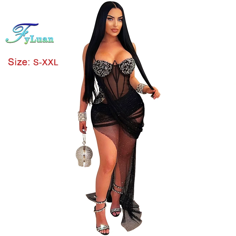 Hermosas faldas irregulares sexis de malla transparente para mujer con hombros descubiertos y espalda descubierta decoración de encaje con cuentas vestido femenino ropa de fiesta de noche
