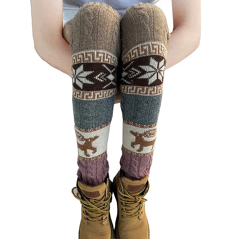 Autumn and Winter Twist Snowflake Deer, Christmas Socks, Knitted Knee Pads, Wool Stacking Socks, Leg Warmers  Thigh High Socks