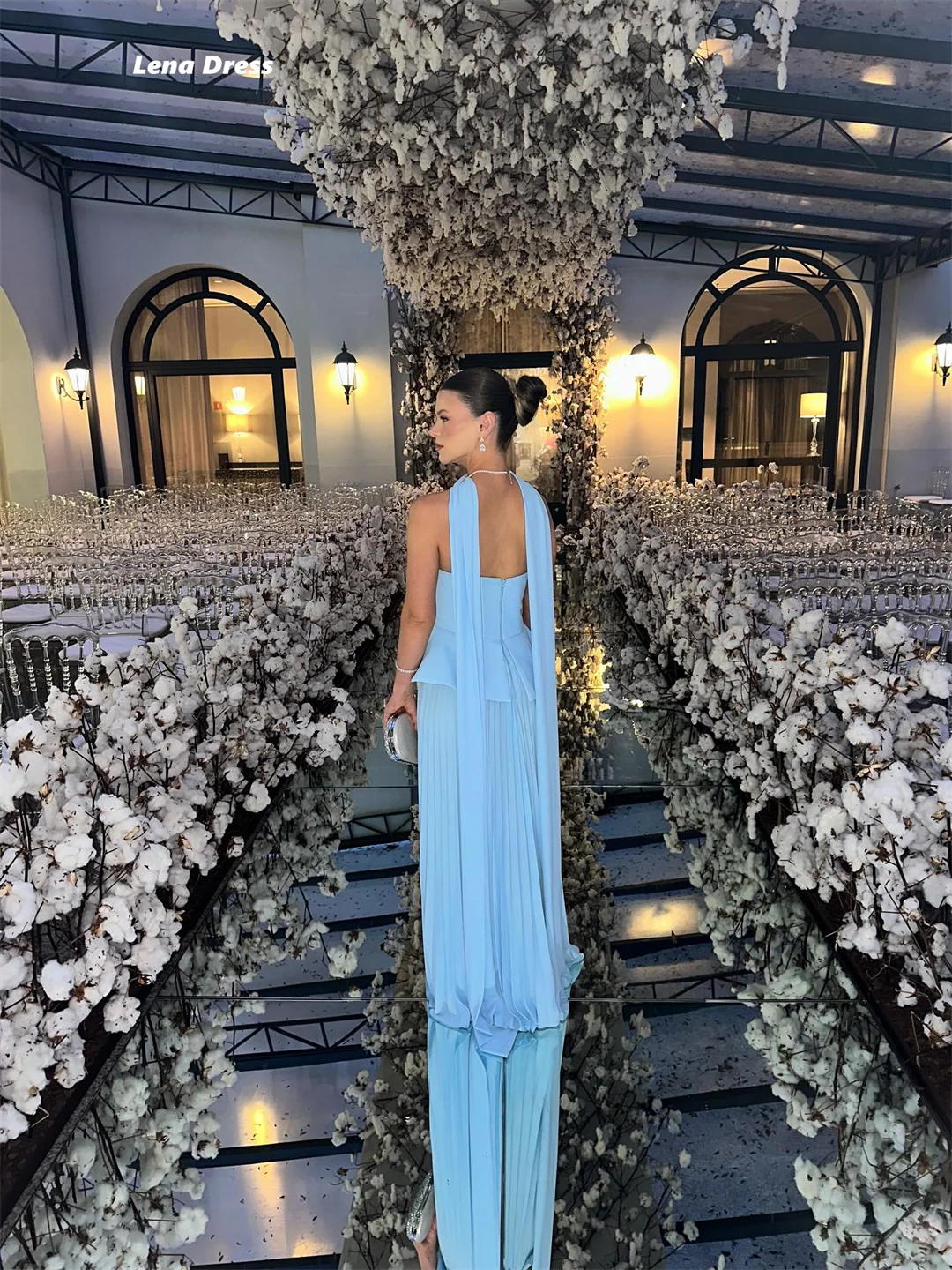 Lena vestido de gala feito sob encomenda xale vestido de baile feminino vestidos de noite de luxo 2025 sem mangas céu azul mulher vestidos de festa chiffon
