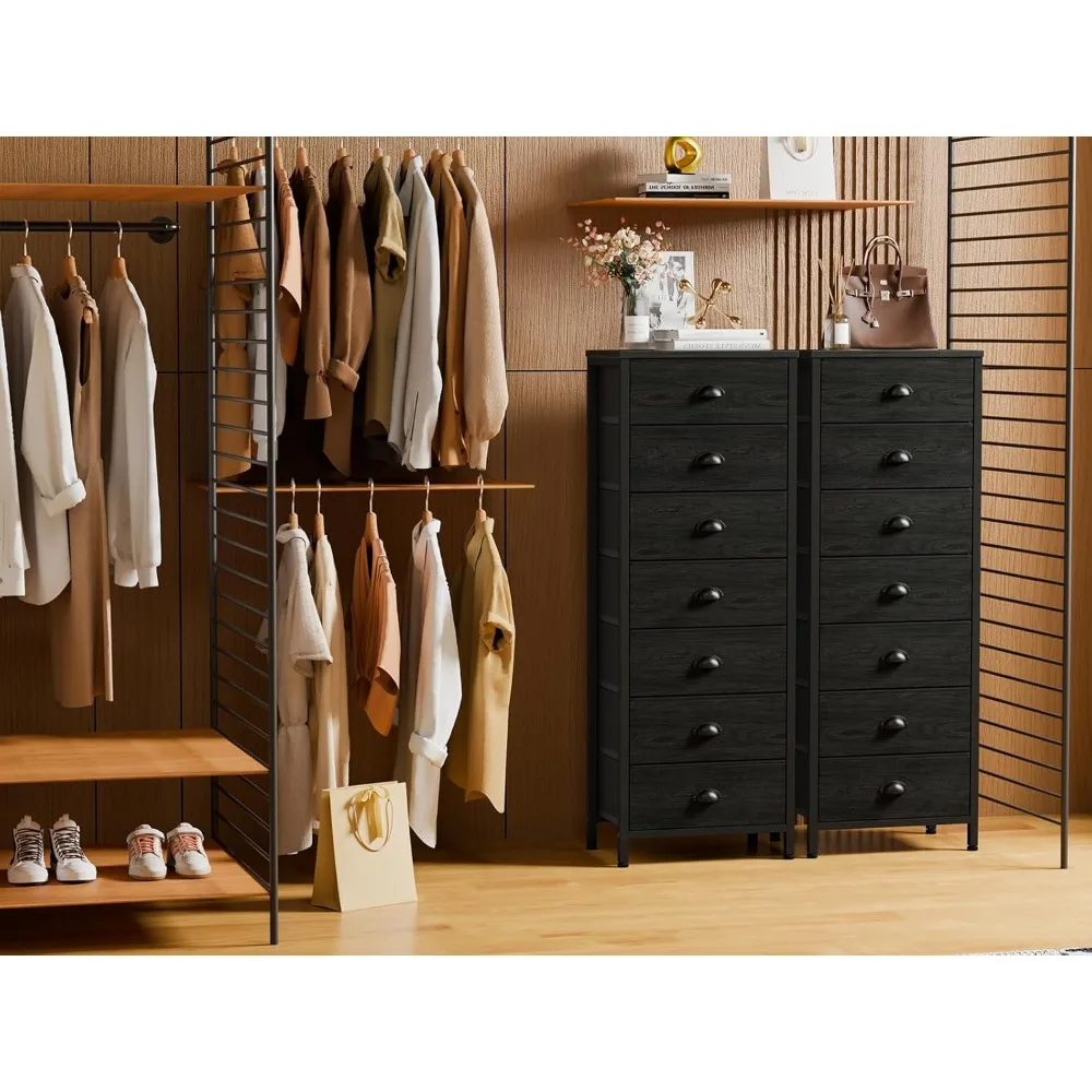 خزانة غرفة نوم Furnulem، خزائن ذات أدراج طويلة مع 7 صناديق قماش، منظم أسود في الخزانة، النوم، غرفة المعيشة، الحضانة، القاعة