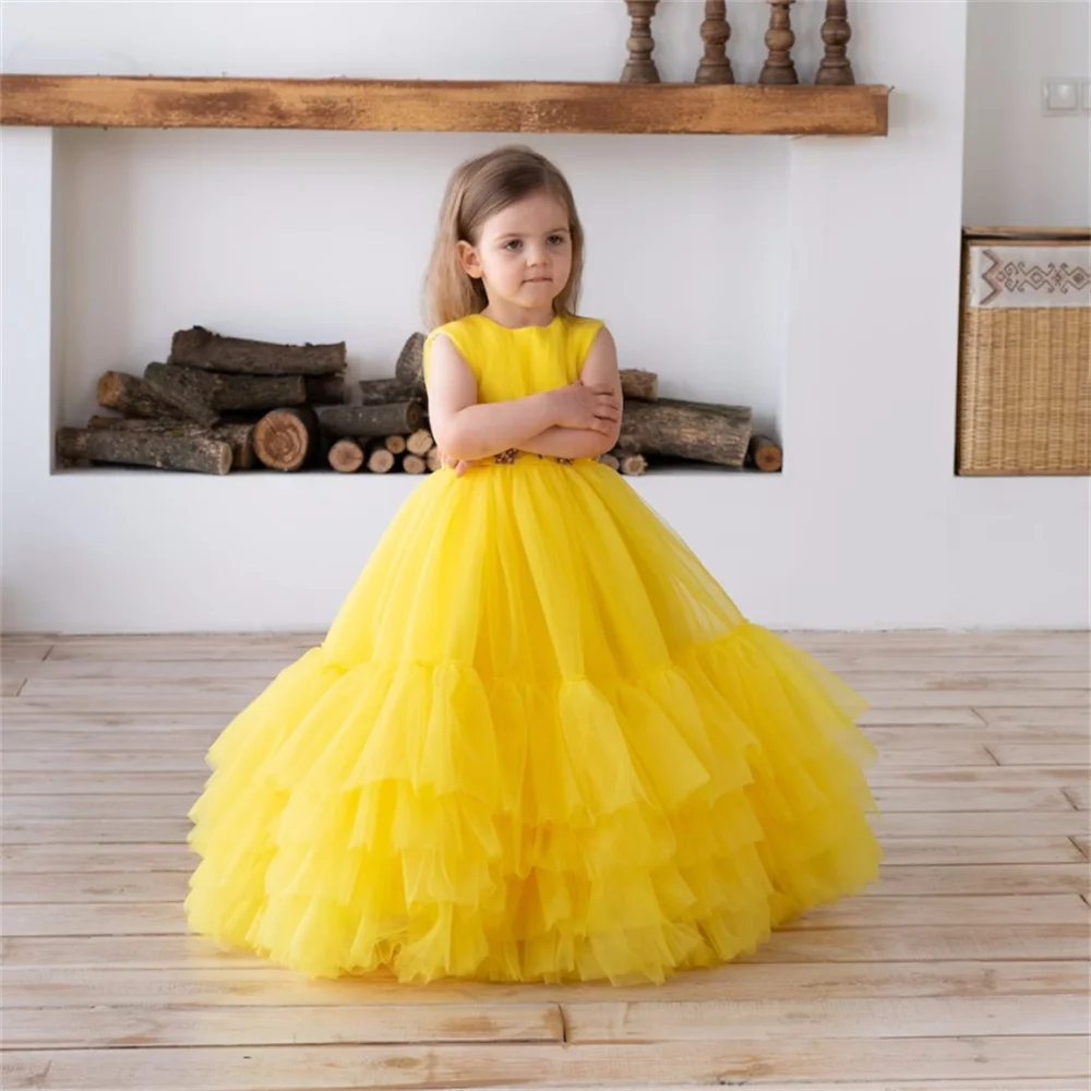 Vestidos de tul amarillo para niña de flores, apliques de cristales, cinturón escalonado sin mangas para boda, cumpleaños, primera comunión