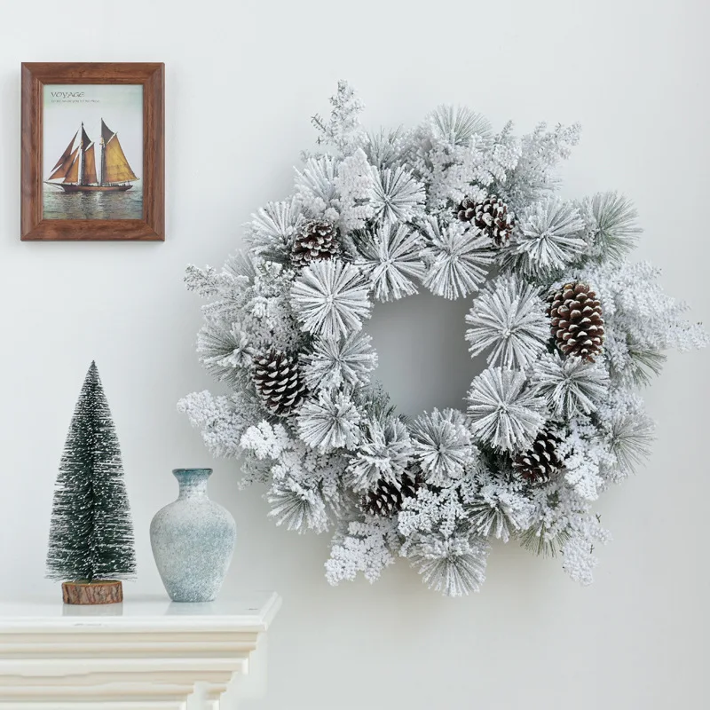 New Flocked Modern Durable PVC Christmas Wreath Ring Window Display Decoration Pine-cone Snow-covered Garland Ornaments