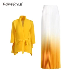 TWOTWINSTYLE Hit Color Two Piece Sets For Women Lapel Cloak Sleeves Coat High Waist Pleated Skirt Vintage Set Female Fashion New