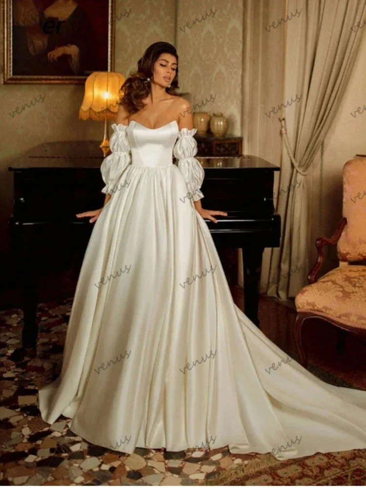 Graceful Wedding Dresses Simple Satin Robes Off The Shoulder Bridal Gowns A-Line Boat Neck Floor Length Dress Vestidos De Novia