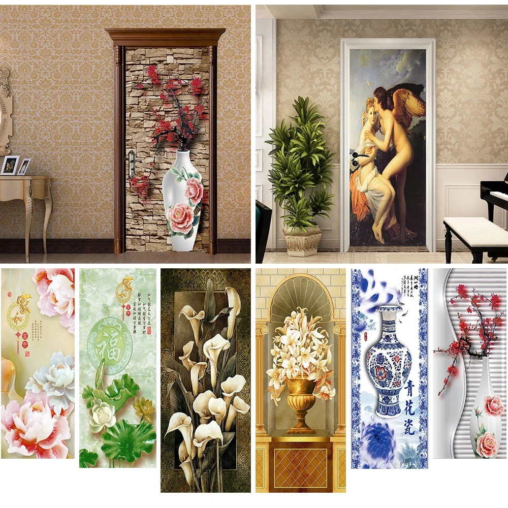 

Chinese Style Flower Door Wallpaper Stickers Self-adhesive Waterproof Home Decoration Floral Oriental Door Mural Decals