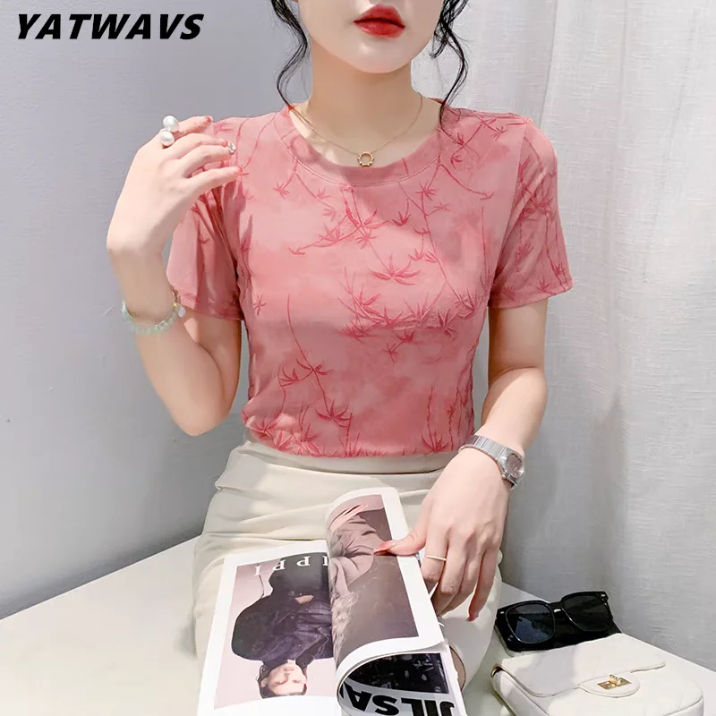 

Новинка 2024, летняя шикарная Сетчатая футболка с цветочным принтом, одежда, элегантные женские футболки с коротким рукавом, уличная одежда, стрейчевая женская футболка