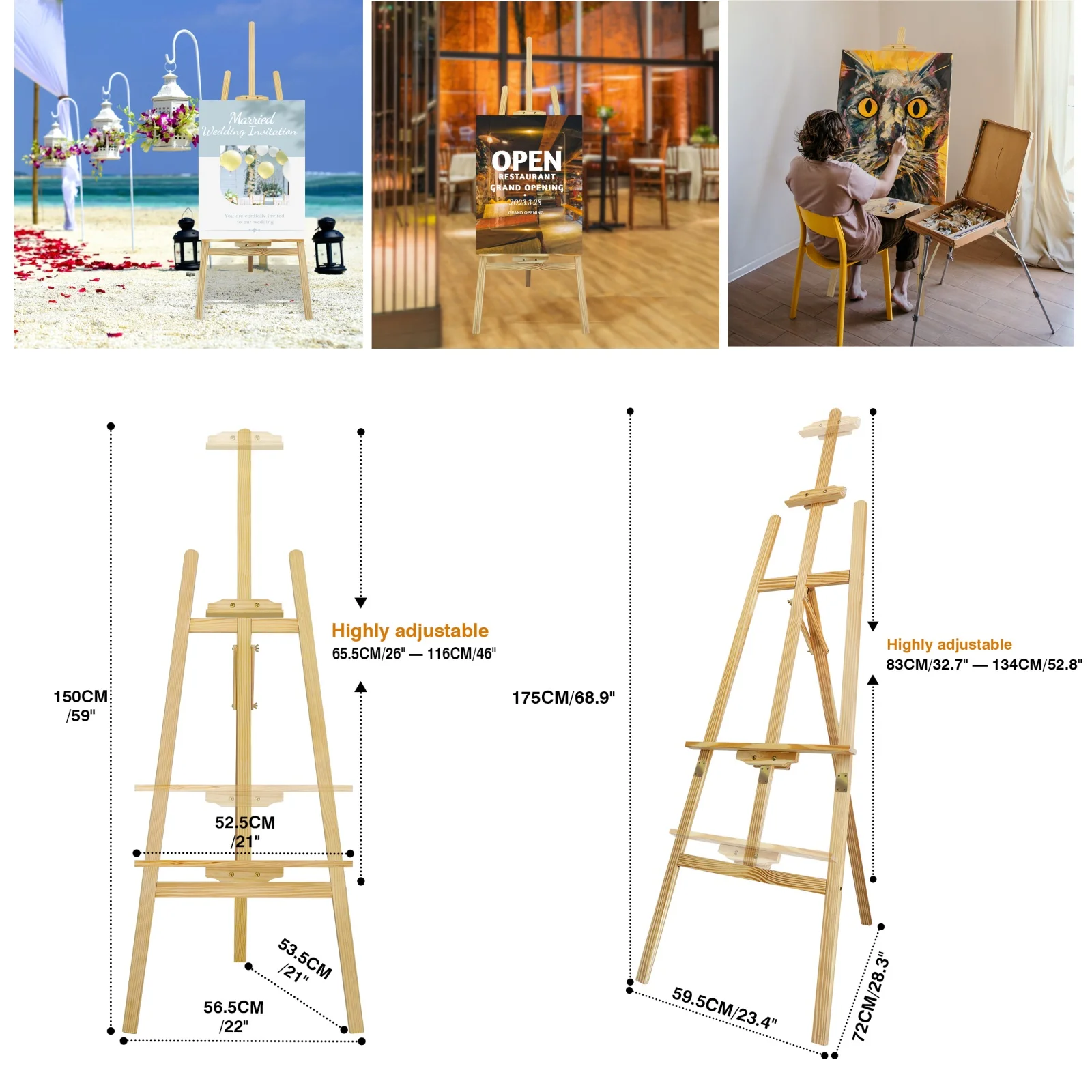 Painting Easel for Artist,Wooden A-Frame Easel Stand 1.5M Adjustable Drawing Painting Holder for Painting,Display,Exhibition