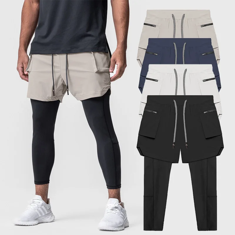 Men 2 in 1 Double Layer Compression Running Pants Elastic Quick Dry Sportswear For Jogging Training Cycling Casual Long Trousers