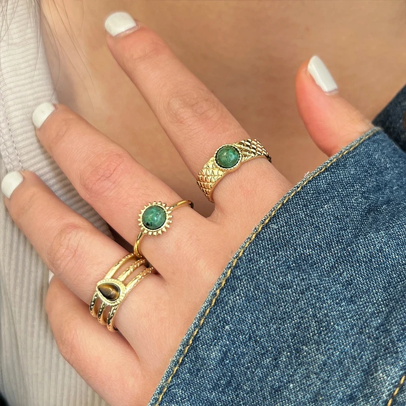 Vintage Green Natural Stone Adjustable Rings For Women Retro Design Finger Ring Gift Charm Jewelry