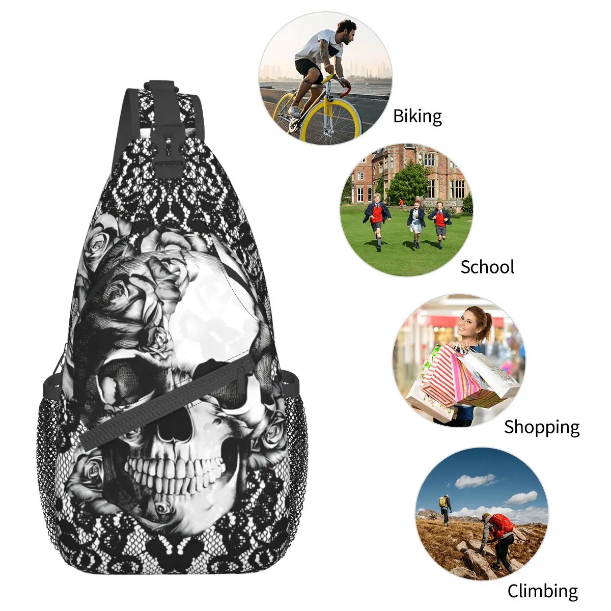 Gothic Lace Skull Crossbody Chest Bags Pockets Travel Pack Messenger Sports Teens Shoulder Bag Unisex