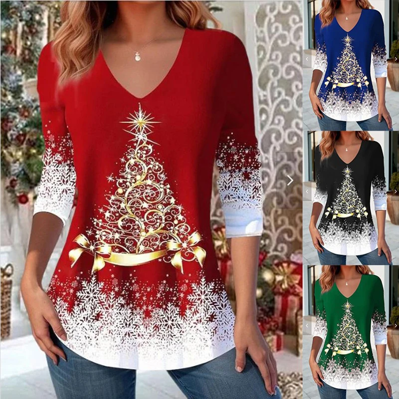 Kerst T-Shirt Voor Vrouwen Herfst Winter Nieuwe Lange Mouw V-Hals Print Losse Mode Elegant Casual Woon-Werkverkeer Dames T-Shirt