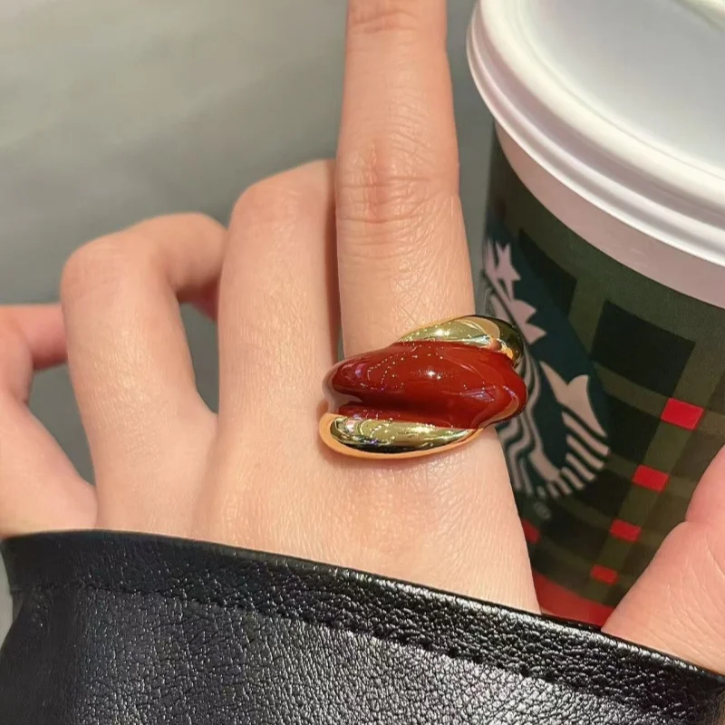 

Elegant European Style Metal Ring for Women Unique Design Enamel Wide Face Drop Oil Open Ring Luxury Daily Accessory