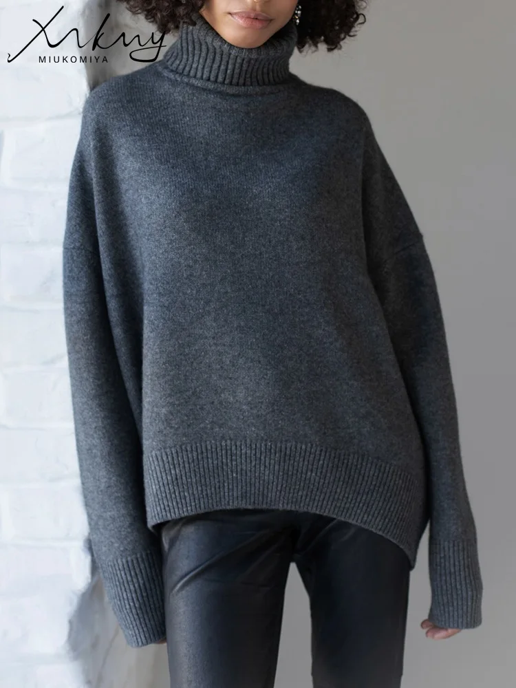 Women Sweater Turtleneck Knitted Warm Dark Gray Pullovers Winter Sweater Thick High Neck Tops Turtleneck Sweater Women Oversized