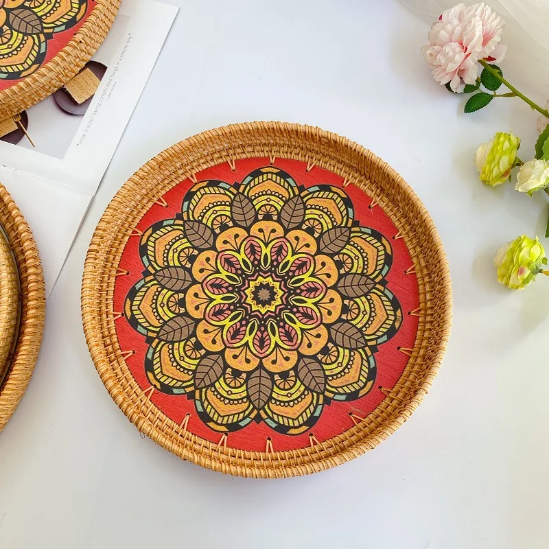 

Vietnamese Rattan Tray Japanese Fruit Platter Hand-Painted Snack Basket Tea Dish Holder for Dining Table Decor
