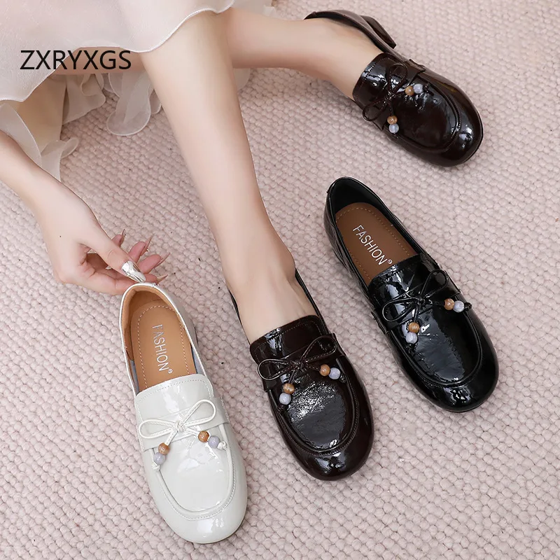 ZXRYXGS Sepatu Hak Rendah Wanita Kulit Sapi Asli Model Pita 2025 Musim Gugur Sepatu Modis dan Trendi Sepatu Kerja Kantor Sepatu Pesta