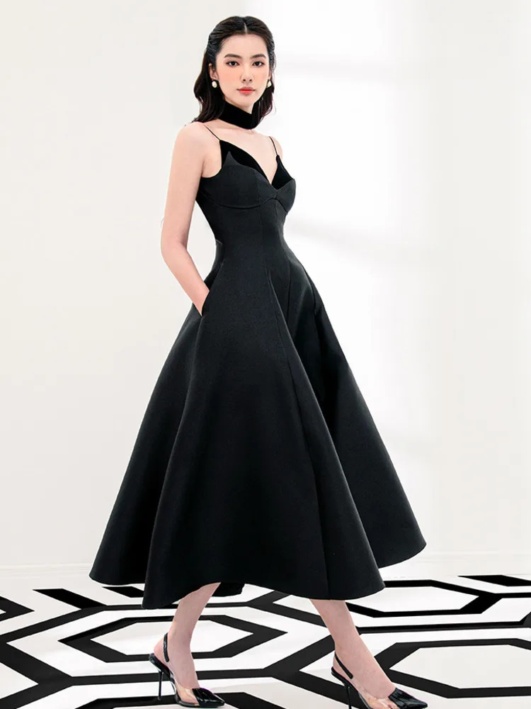 Lism moda feminina vestido de noite camisola retalhos cetim cintura alta sem mangas elegante vestidos de festa 2024 outono novo