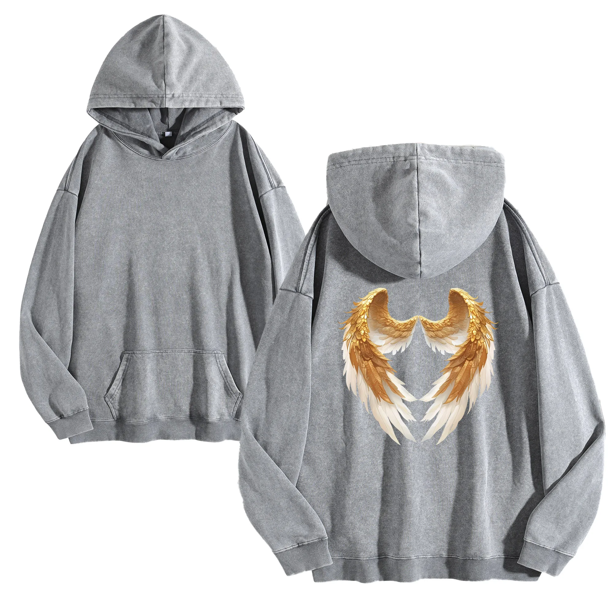 الذهبي أجنحة الظهر طباعة 400GSM خمر غسلها هوديي للجنسين المتضخم الشارع الشهير البلوز مجموعة الخريف/الشتاء #3