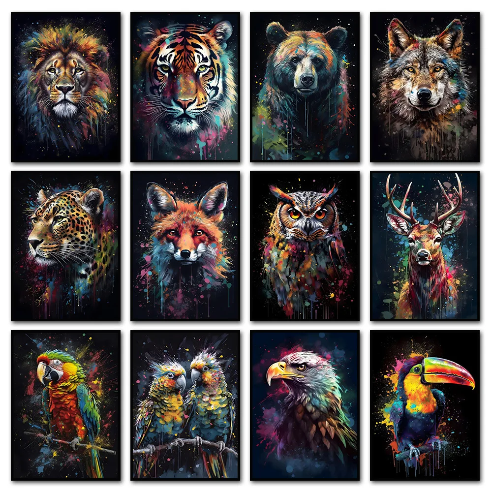 Affiche Murale Graffiti Lion Tigre Loup Ours Cerf – Art Mural Moderne Abstrait Animaux – Décoration Chambre Maison – Peinture sur Toile Impression Murale Image