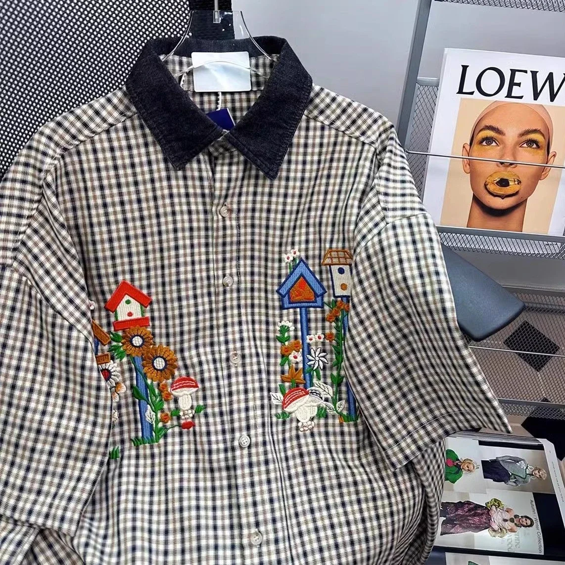 American Retro Cartoon Mushroom Embroidery Shirts Black Plaid Shirt Half Sleeve Oversized Blouse Contrast Japanese Kawaii Tops