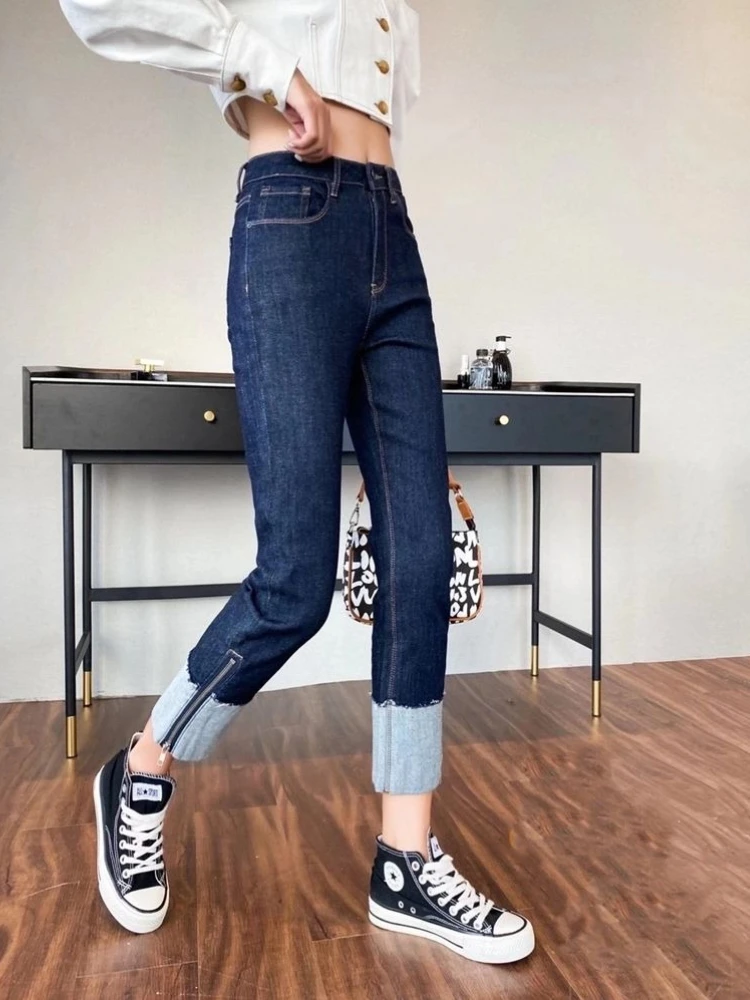 Latest Latest Women's Color Block Zipper Ultra Slimming Black Cigarette Leg Jeans Loose Fit Cropped Trendy Hong Kong Style - Aliexpress Deal