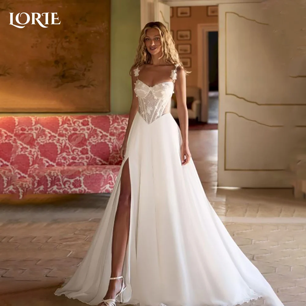 

LORIE Vintage Crepe Lace Wedding Dresses Spahetti Straps Slit Bridal Gown Elegant Mermaid Pleats Illusion Bride Dress Customized