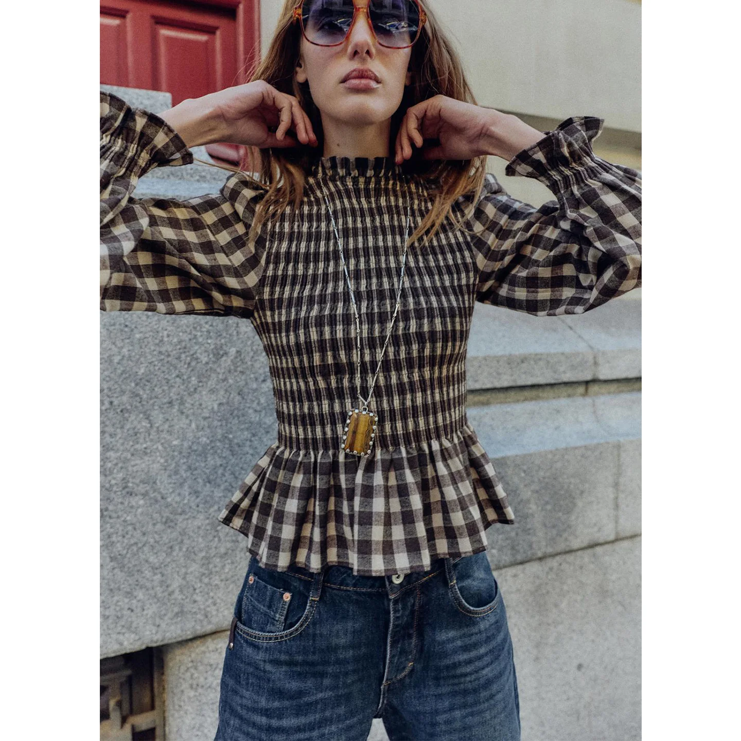 Winter New Women's Casual High Collar Long Sve Layered Decorative Honeycomb Plaid irt Top Skin-friendly Breathable Polye...