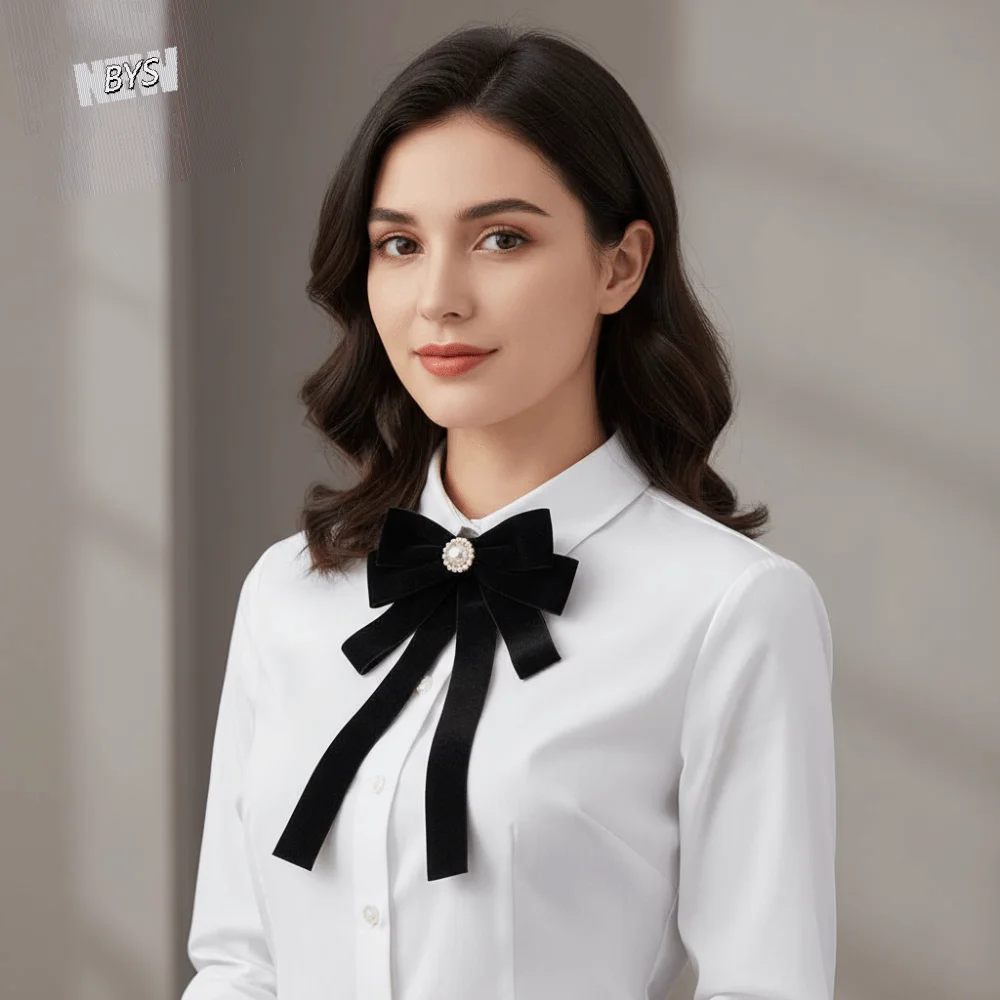 الفاخرة المخملية الشريط الأسود دبوس الخرز اللؤلؤ الأسود القوس ربطة العنق متعدد الطبقات الراين الشريط شارة بروش فتاة