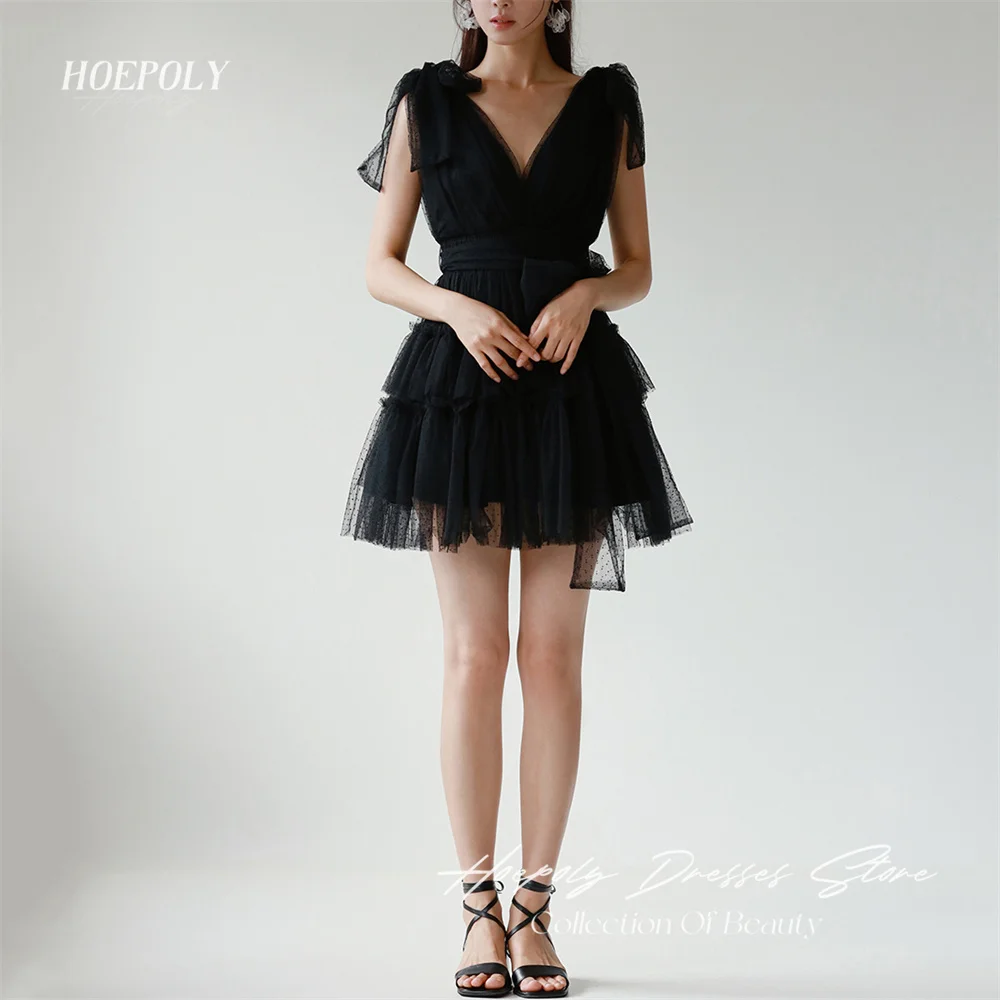 

Hoepoly Short Black V Neck Pleat Mini Evening Dress For Woman Summer Style Fashion Simple Classy Party Long Prom Gown New