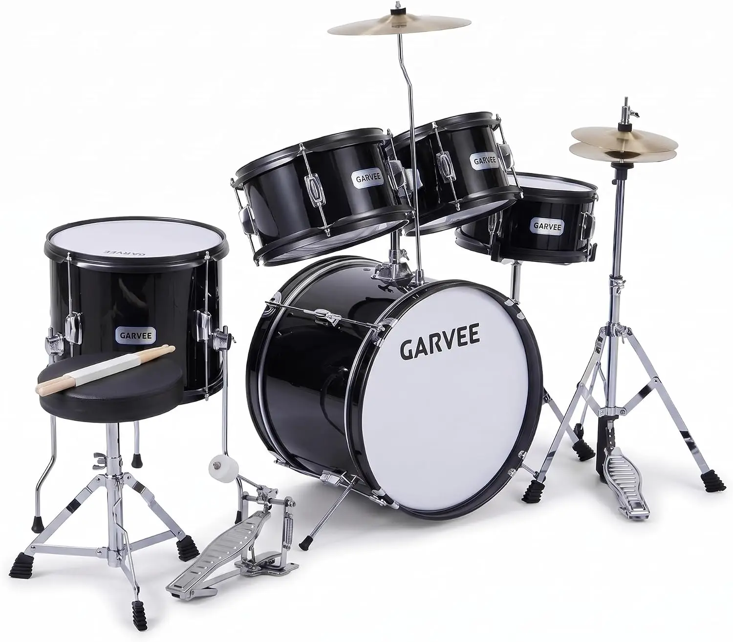 Black 5-Piece Drum Set Featuring Adjustable Hardware and 9-Ply Poplar Shells
