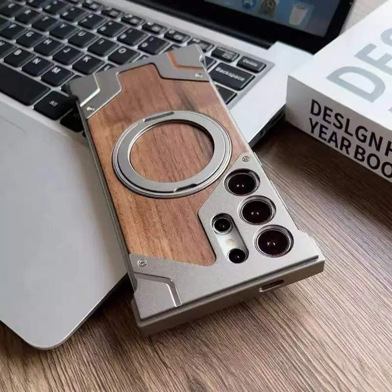 

Чехол из массива дерева с металлическим каркасом для Samsung Galaxy S25 S24 Ultra с Magsafe 360° ° Безрамные защитные оболочки с вращающейся подставкой