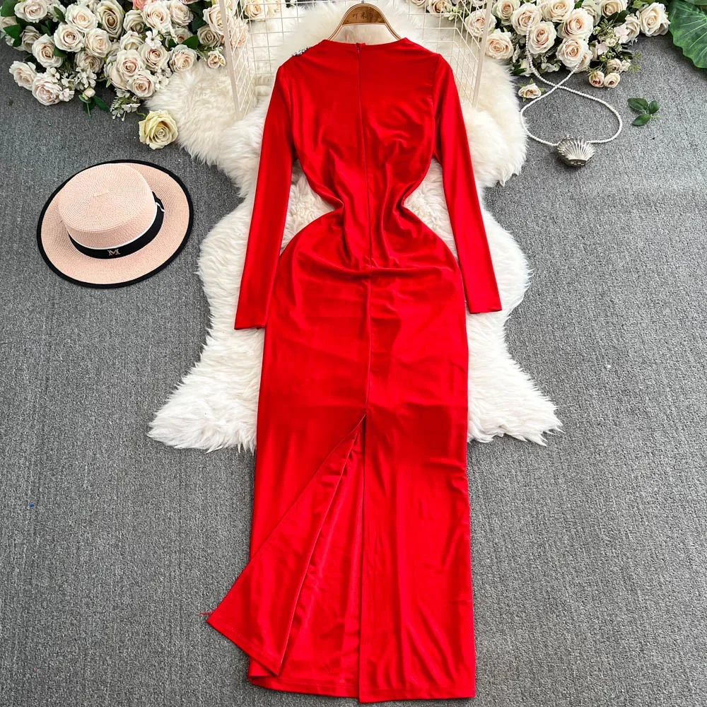 Elegant Long Sleeves Vintage V-neck Chic Rhinestone Buckle Split Pleated Slim Dresses Evening High Street Autumn Winter Clothing