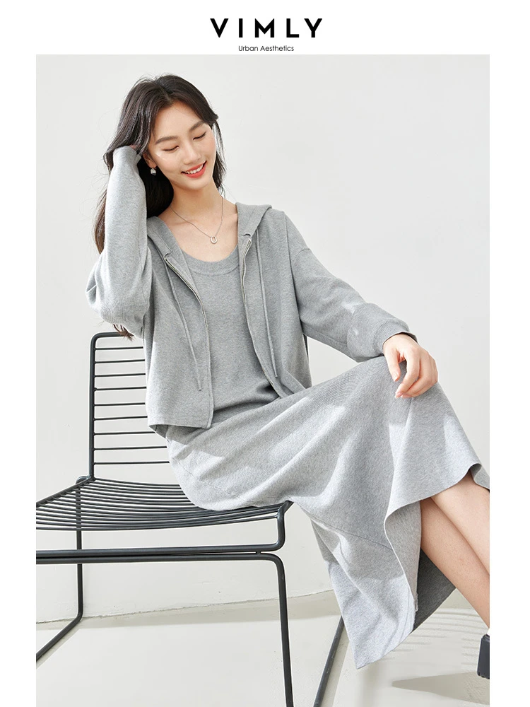 Vimly 2 Piece Knit Dress Sets Women Outfit Full-zp Hooded Jacket Midi Tank Dress Woman  Spring Casual Matching Set 73335