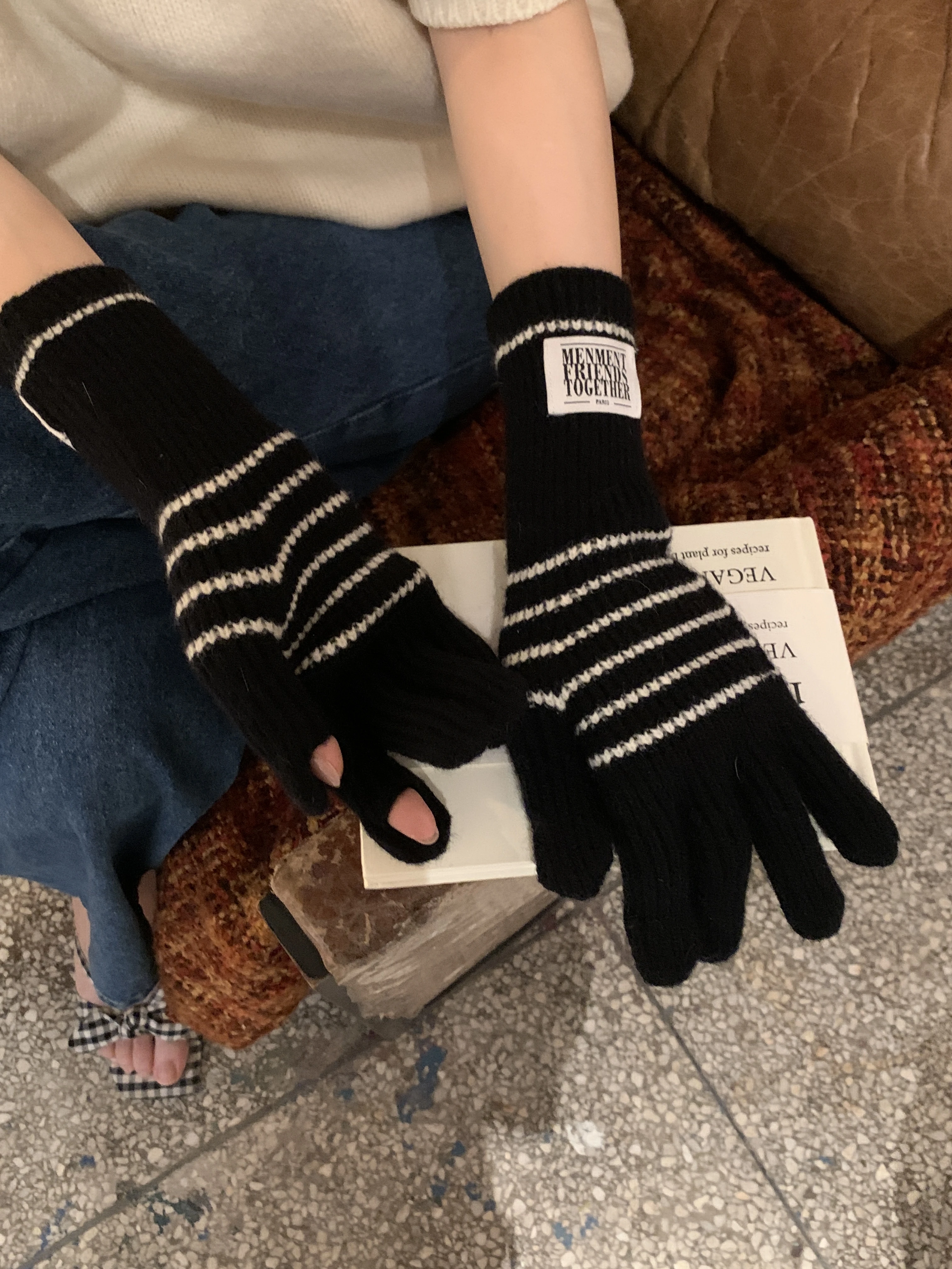

Striped Lengthen and Thicken Solid Color Gloves Cute Simple Long Warm Gloves Touch Screen Cycling Warm Gloves