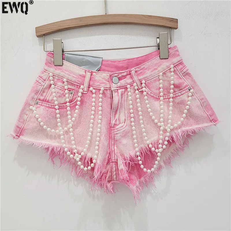 

[EWQ] Ladies Bottom Classic Vintage Short Jeans Fur-lined Leg-openings Bead Design All-match Clothing Shorts 2024 Summer GZ106